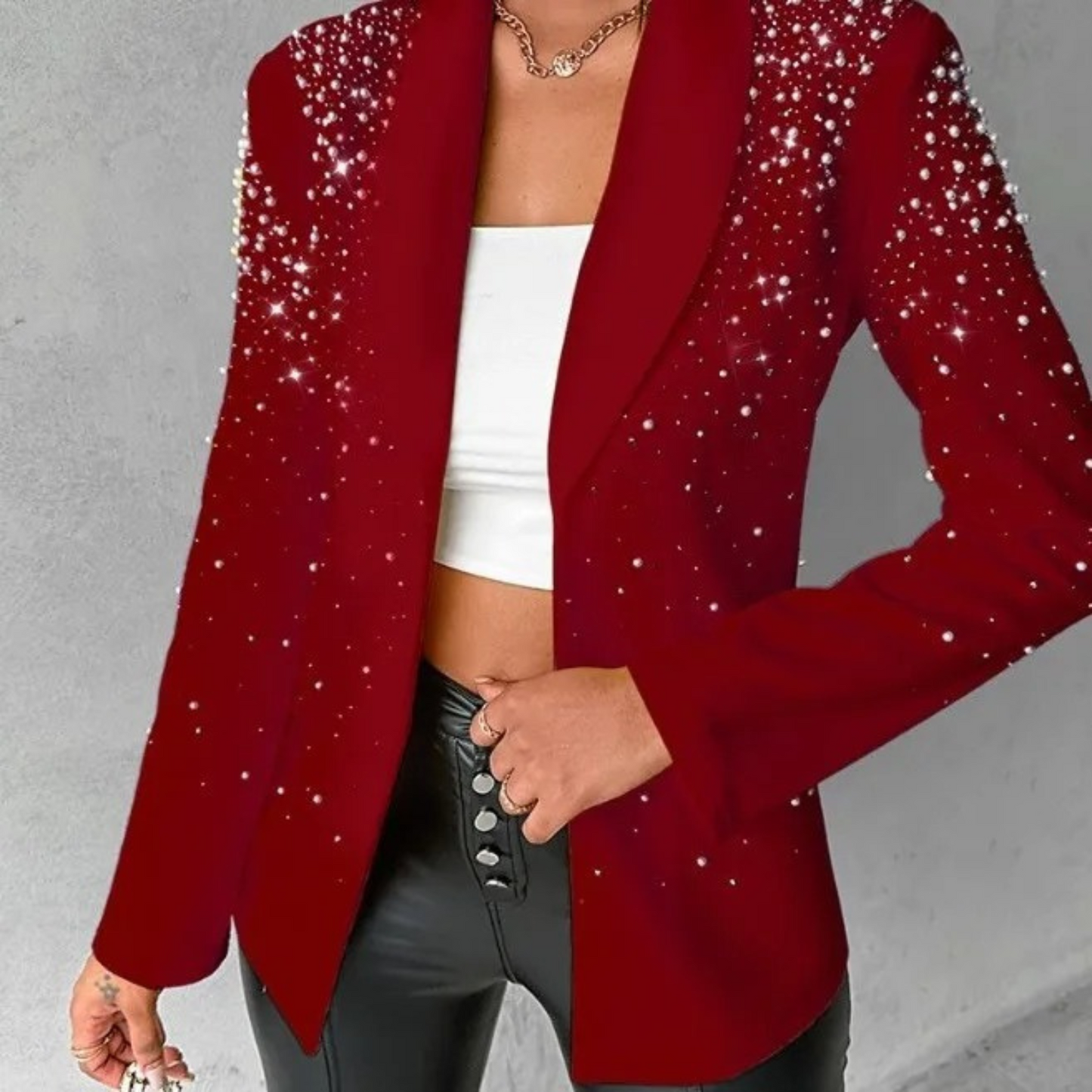 Kvinna Blazer Elegant Pärlapplikationer Högkvalitativt Tyg-4