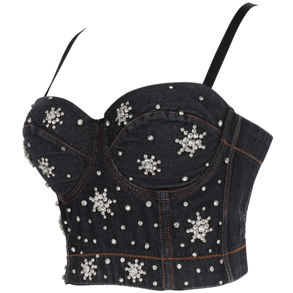 Dam Bustier Justerbar Denim med Pärldetaljer-2