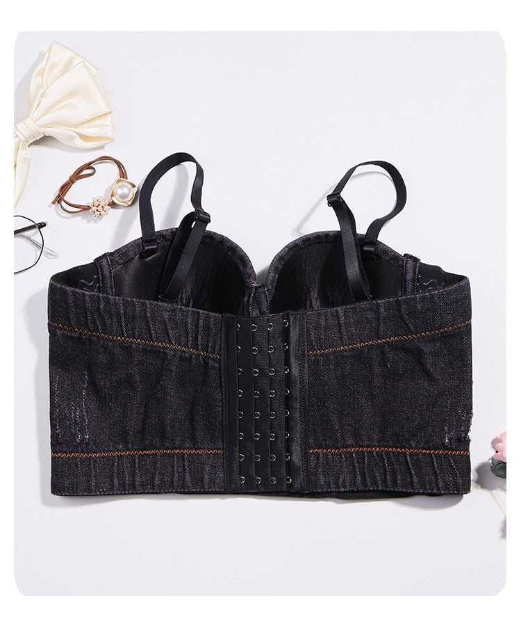 Dam Bustier Justerbar Denim med Pärldetaljer-3