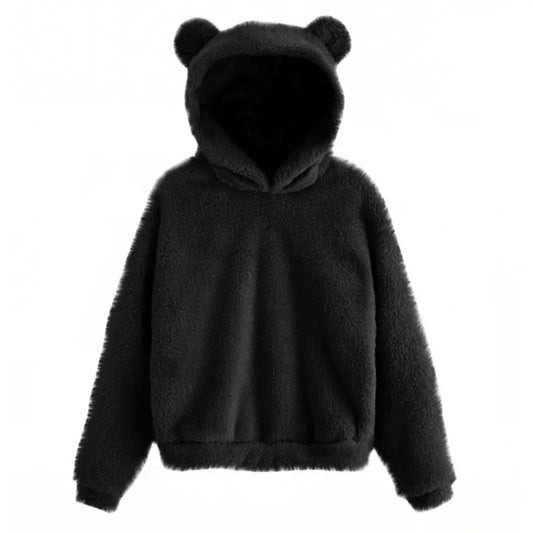 Dam Hoodie Teddy med Björnöron Mjuk Material-1