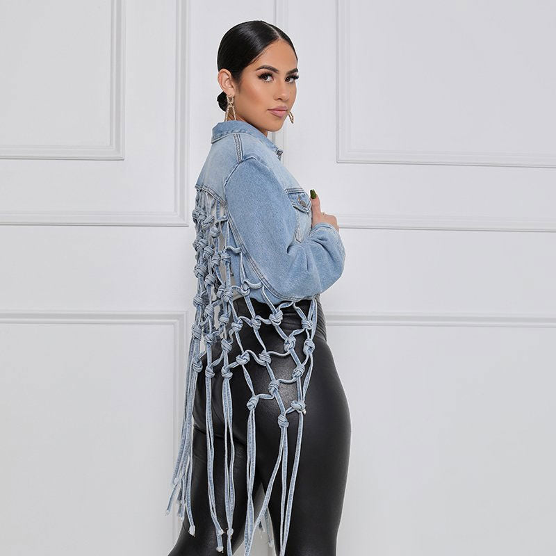 Dam Denimjacka Kort Fransar och Regelbunden Krage-5
