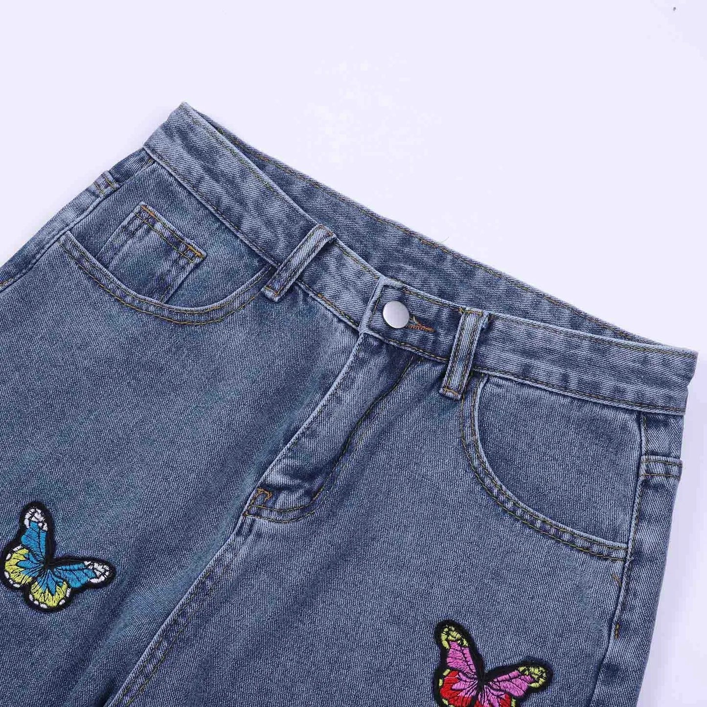 Dam Jeans Med Hög Midja Och Fjärilsbroderi i Högkvalitativ Denim-6