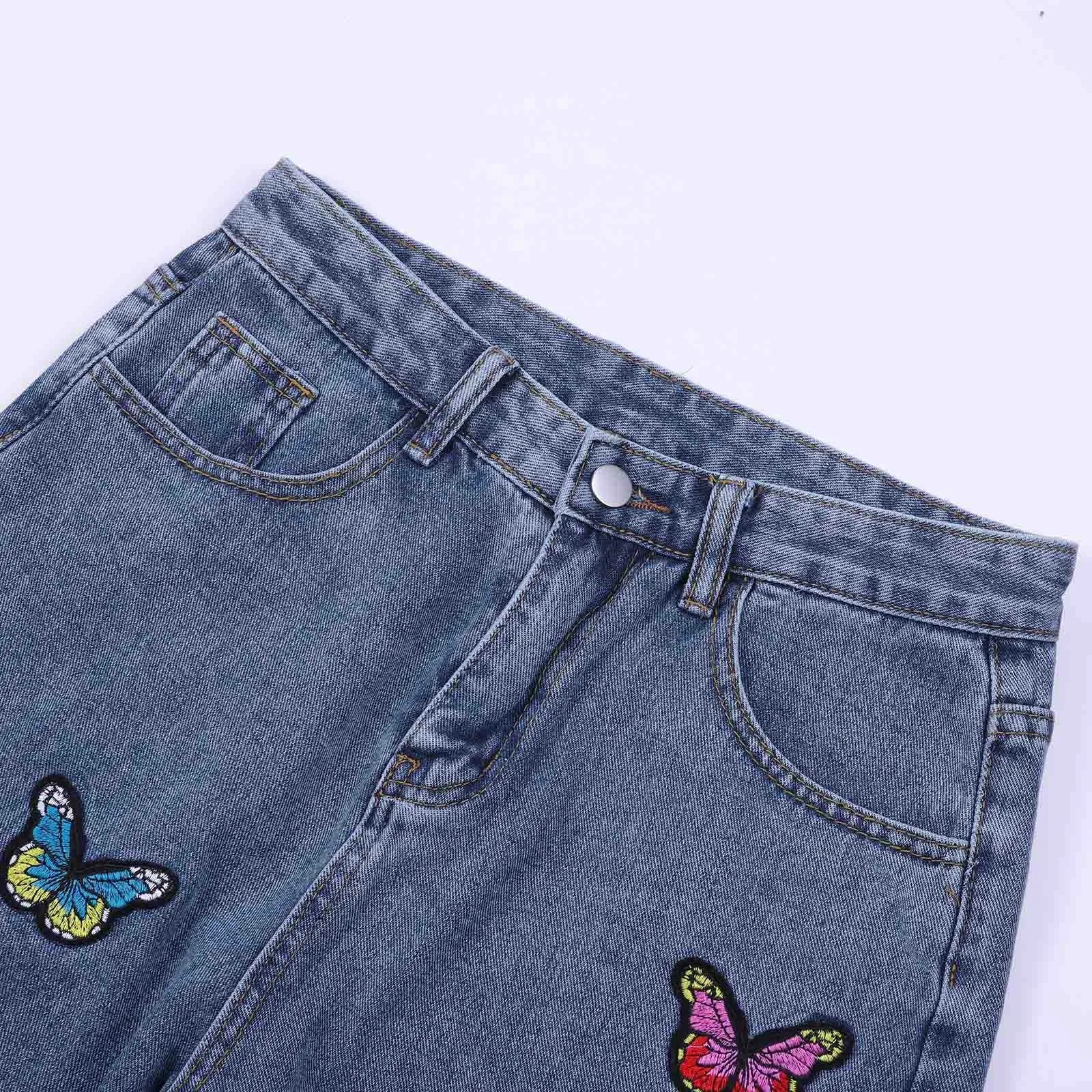 Dam Jeans Med Hög Midja Och Fjärilsbroderi i Högkvalitativ Denim-6