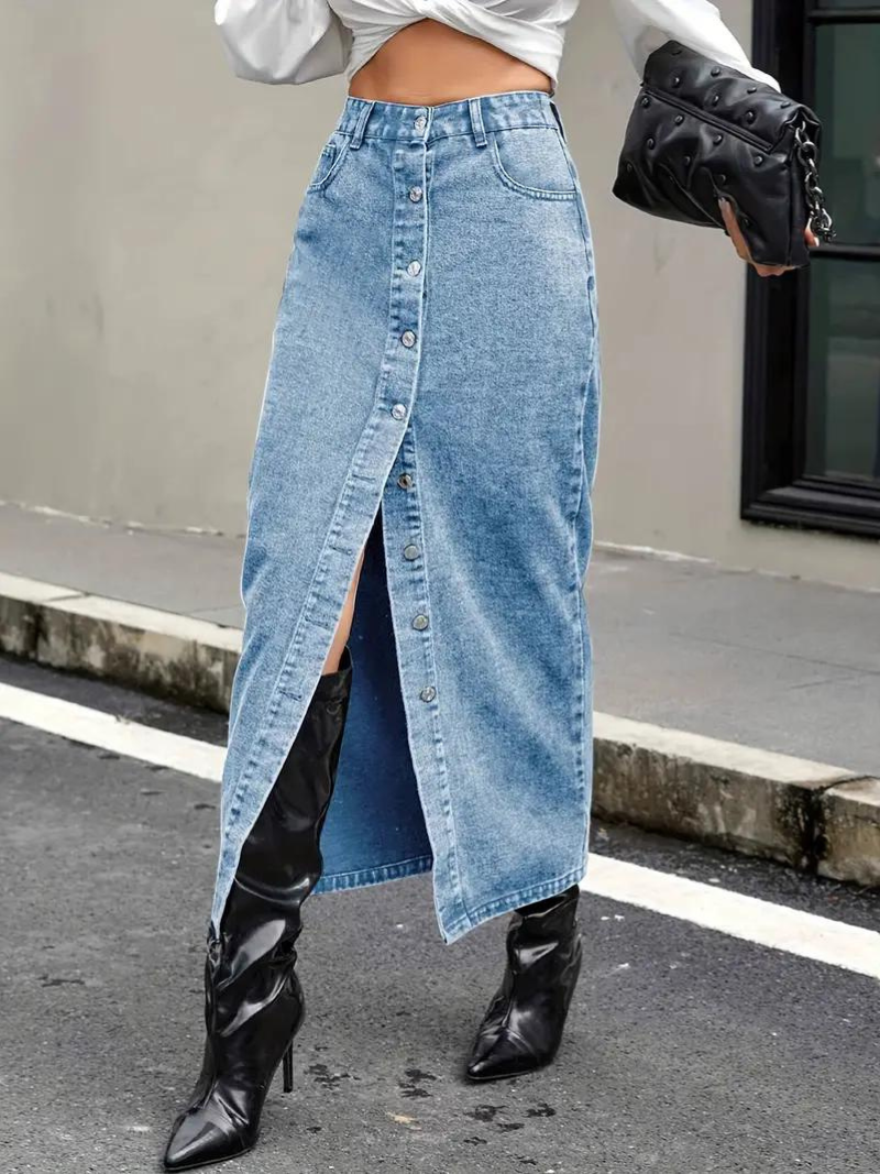 Kvinnors Lång Jeanskjol Stretchig Denim för Dam 9