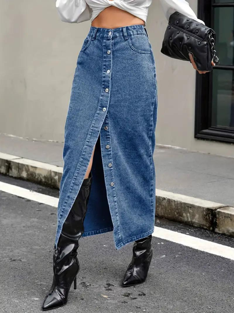 Kvinnors Lång Jeanskjol Stretchig Denim för Dam 10