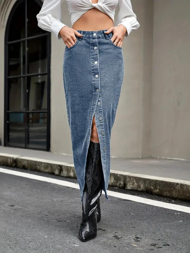 Kvinnors Lång Jeanskjol Stretchig Denim för Dam 6