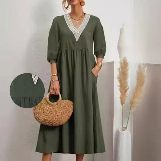 Damklänning 3/4 Ärmar Bomull och Linne V-ringning Avslappnad Passform-1