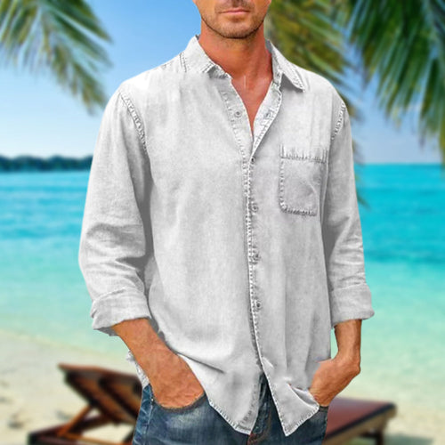 Herrskjorta Långärmad Denim med Bröstfickor, Högkvalitativt Material-1