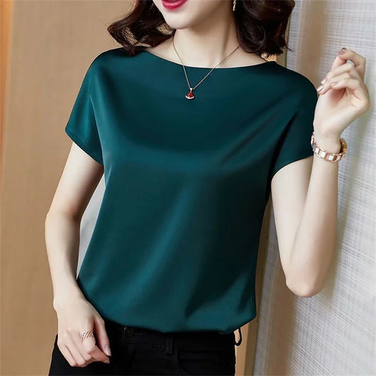 Dam Blus Satin Klassisk O-Hals LÀttlös Passform-1