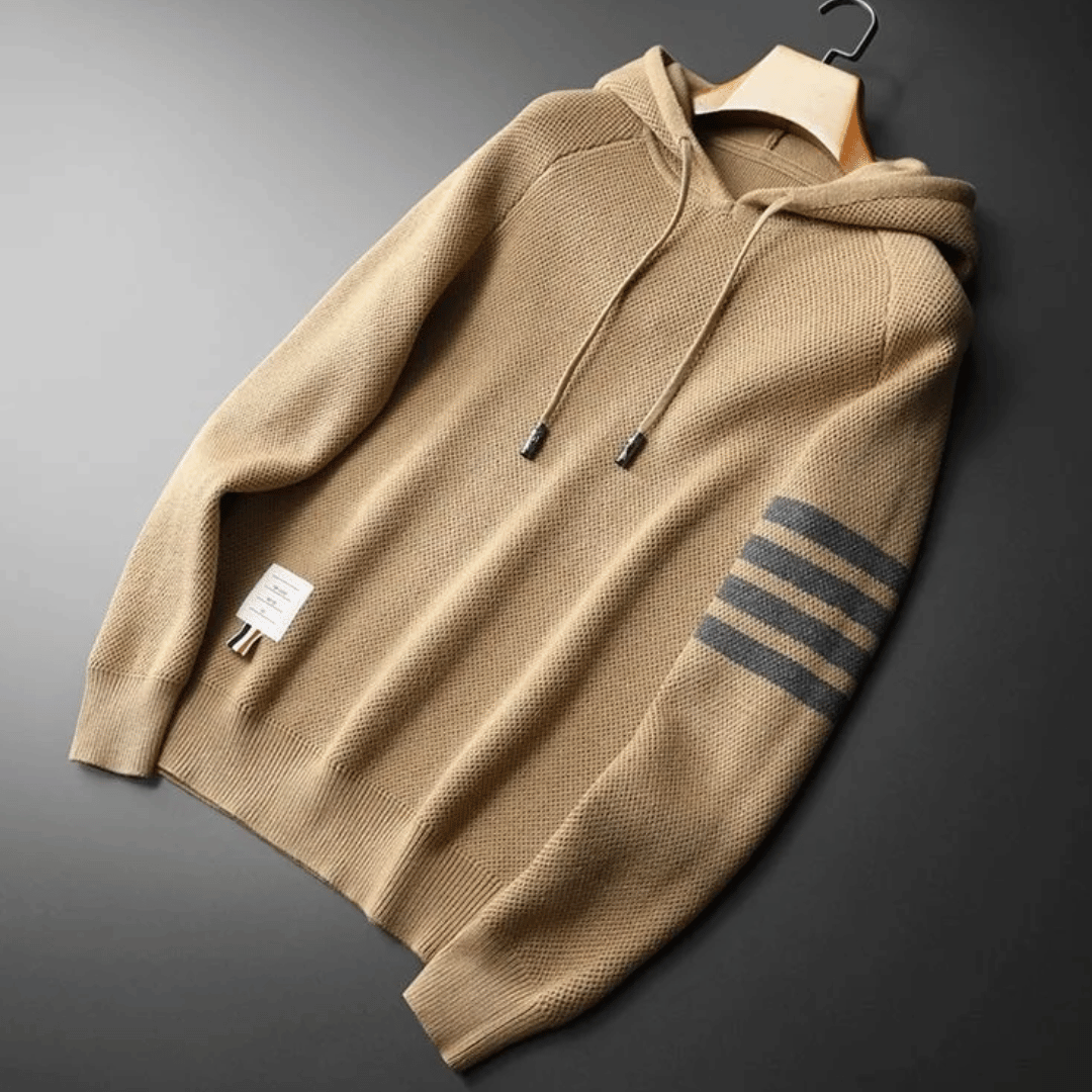 Hoodie Herr Stickad Mjuk Ull Med Kontrastremsor-2