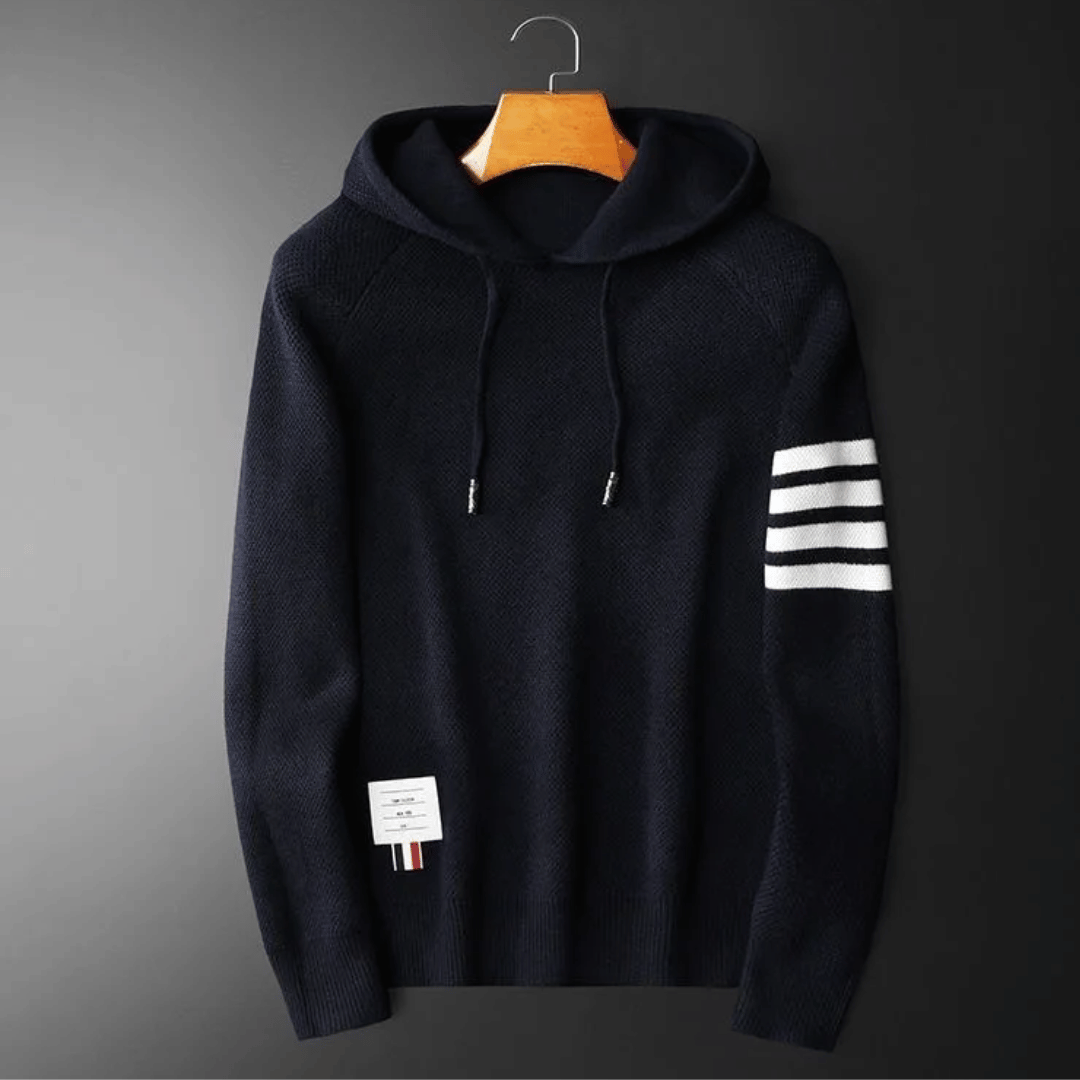 Hoodie Herr Stickad Mjuk Ull Med Kontrastremsor-6