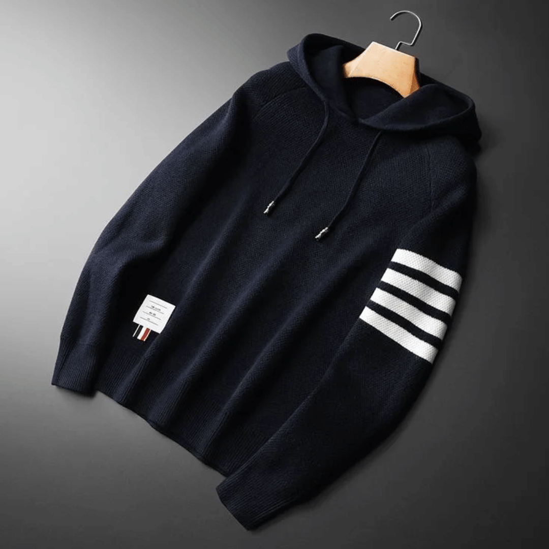 Hoodie Herr Stickad Mjuk Ull Med Kontrastremsor-3