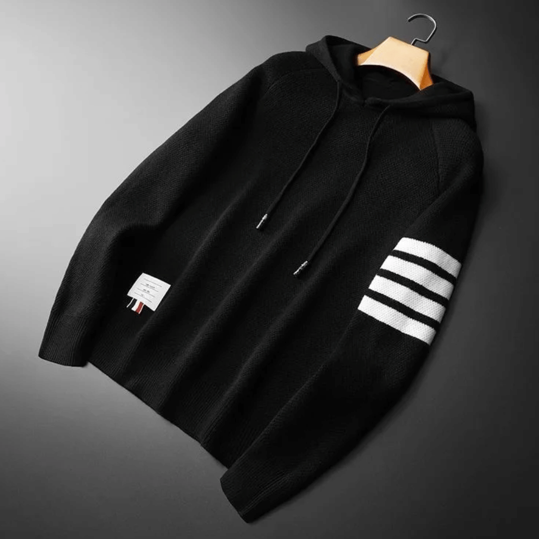 Hoodie Herr Stickad Mjuk Ull Med Kontrastremsor-4