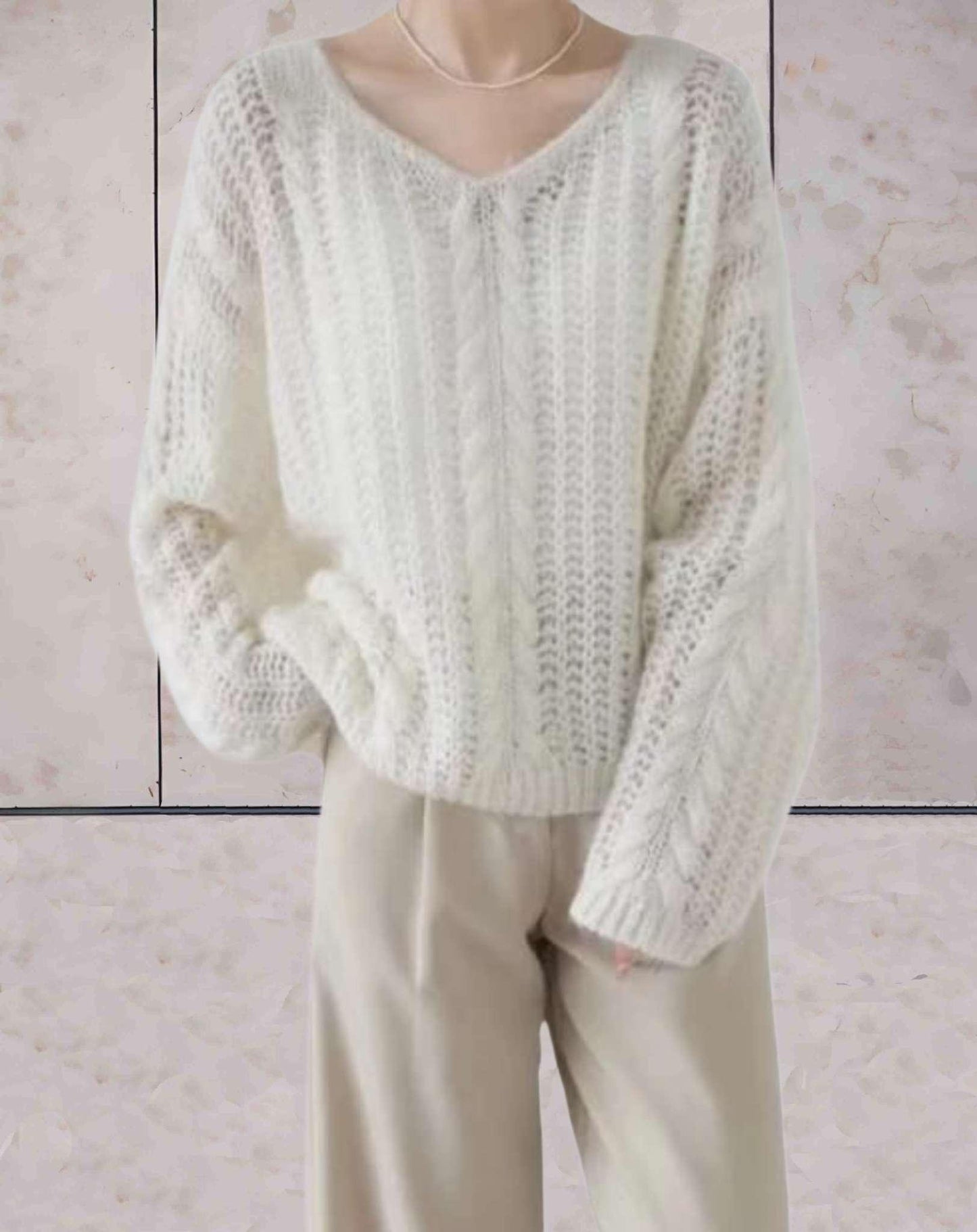 Dam Stickad Tröja Överdimensionerad V-Hals Akryl 6