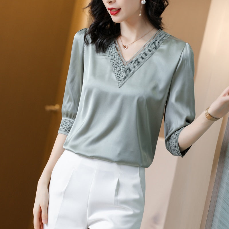Dam Blus V-ringad Halvlång Ärmar Silke Spandex-2