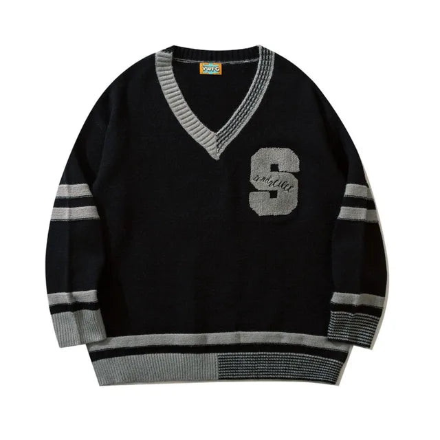 Herr Varsity Tröja V-hals Mjuk Bomullsmix med Randiga Manschetter-6