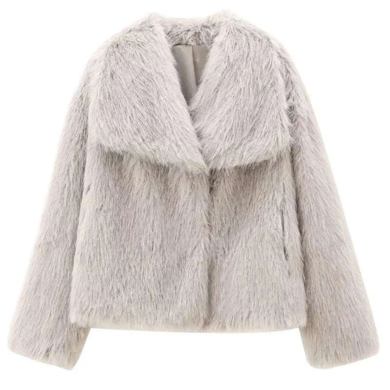 Kort Jacka Dam Fluffig Konstpäls Löst Snitt-4