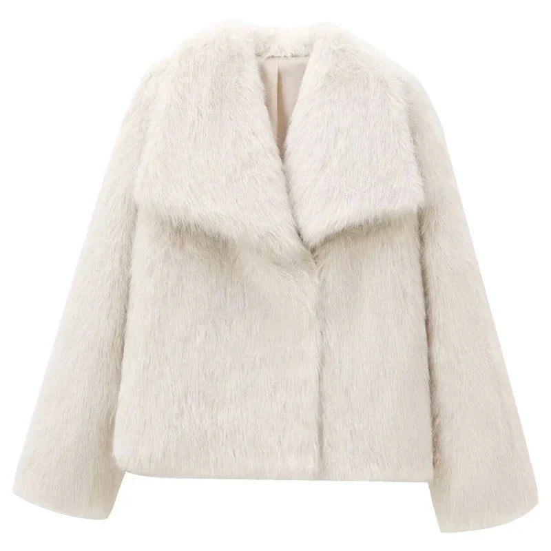 Kort Jacka Dam Fluffig Konstpäls Löst Snitt-1