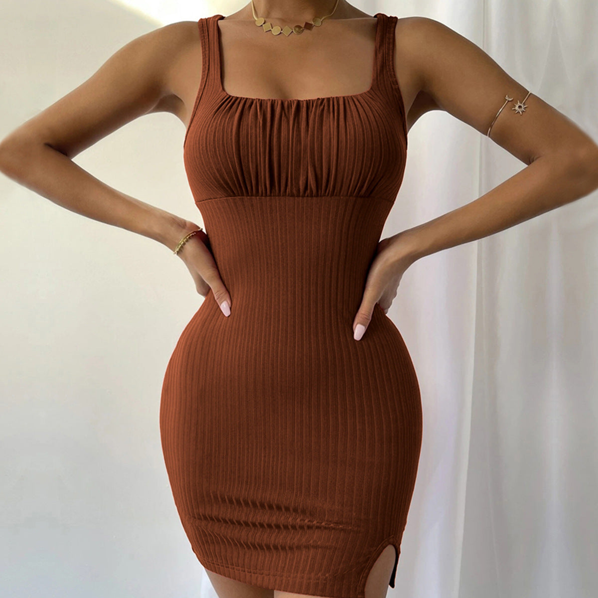 Kvinna Bodycon Klänning Ärm- och Spaghettiband Stickad A-linjeform 2