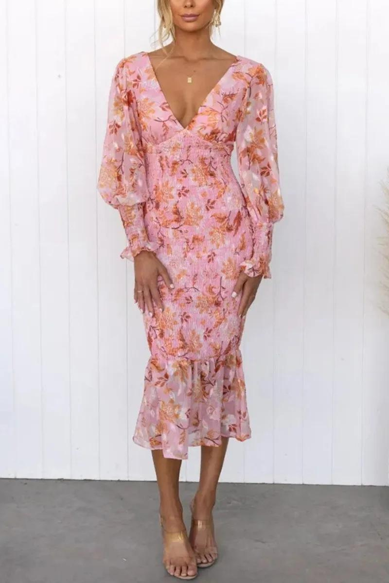 Kvinna Midi Klänning Blommönster Långärmad Polyester V-Ringning 2