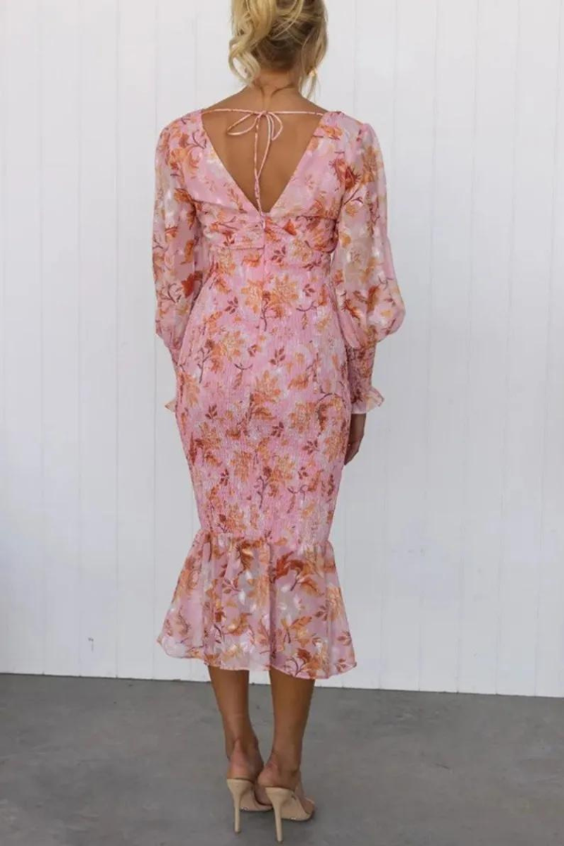 Kvinna Midi Klänning Blommönster Långärmad Polyester V-Ringning 3
