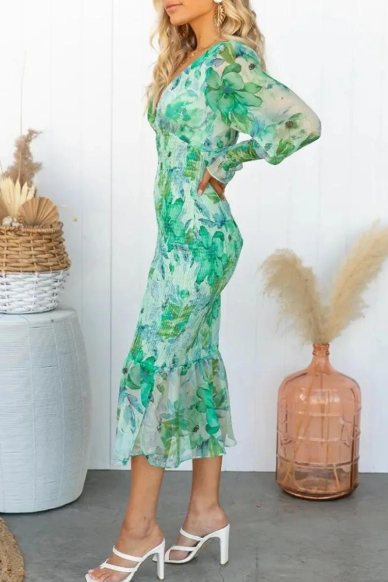 Kvinna Midi Klänning Blommönster Långärmad Polyester V-Ringning 5