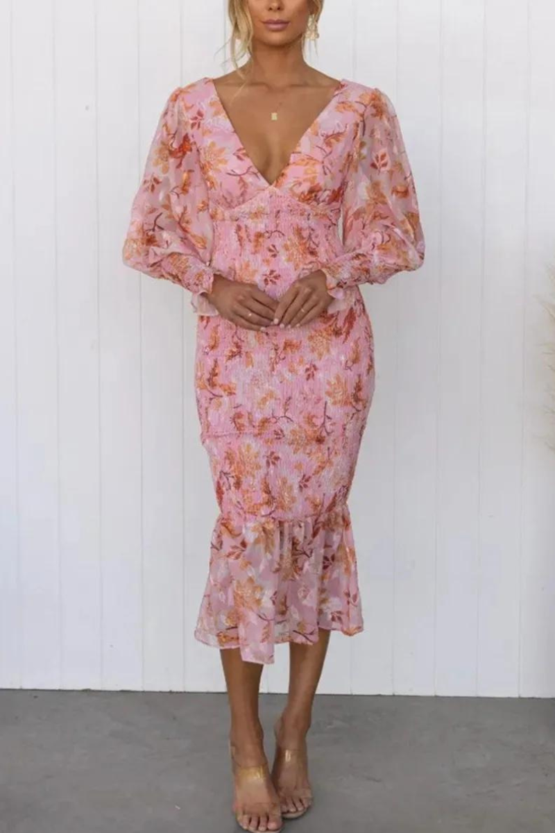 Kvinna Midi Klänning Blommönster Långärmad Polyester V-Ringning 6