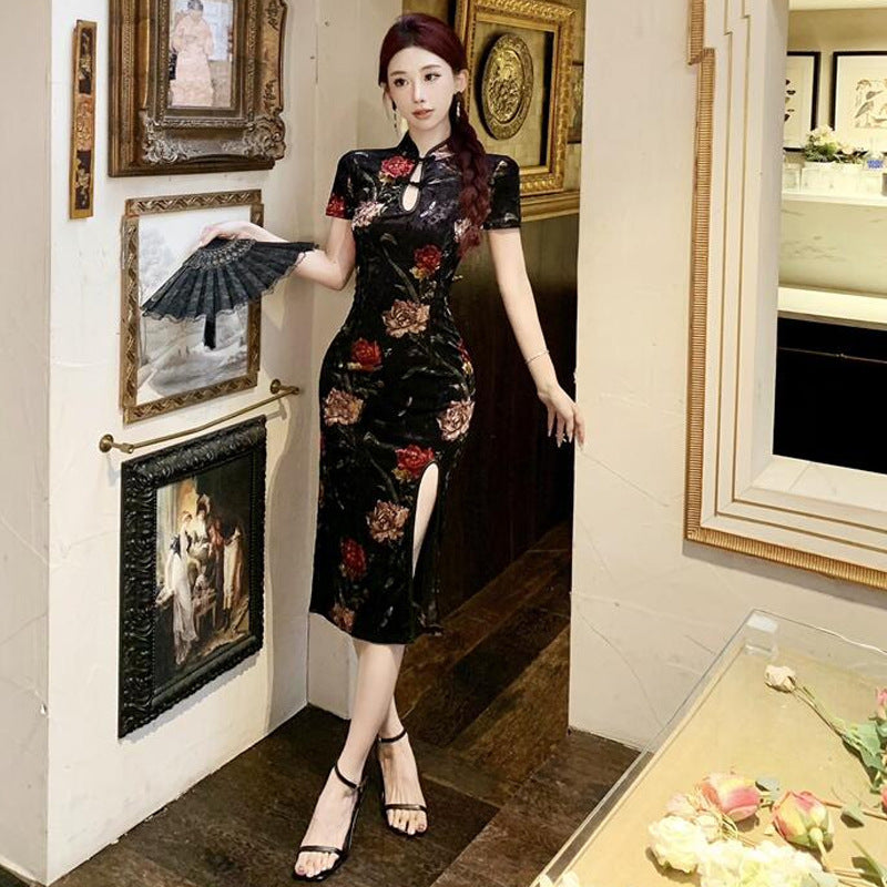 Kvinna Qipao Klänning Slim Fit Polyester Ståkrage 2