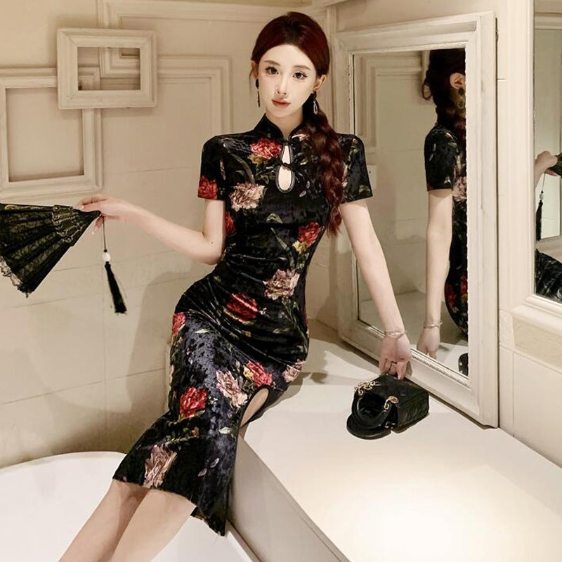 Kvinna Qipao Klänning Slim Fit Polyester Ståkrage 4