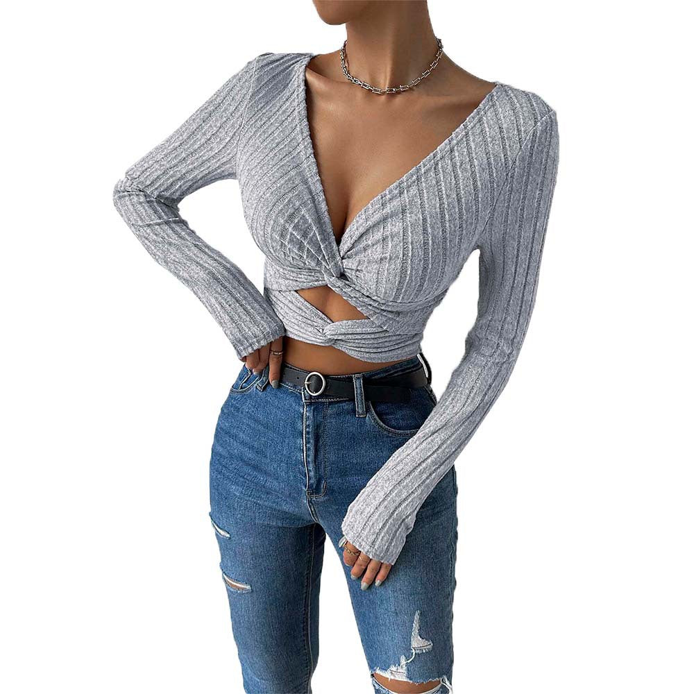 Kvinnors Blus Djup V-Hals Knutdesign Mjuk Tyg 5