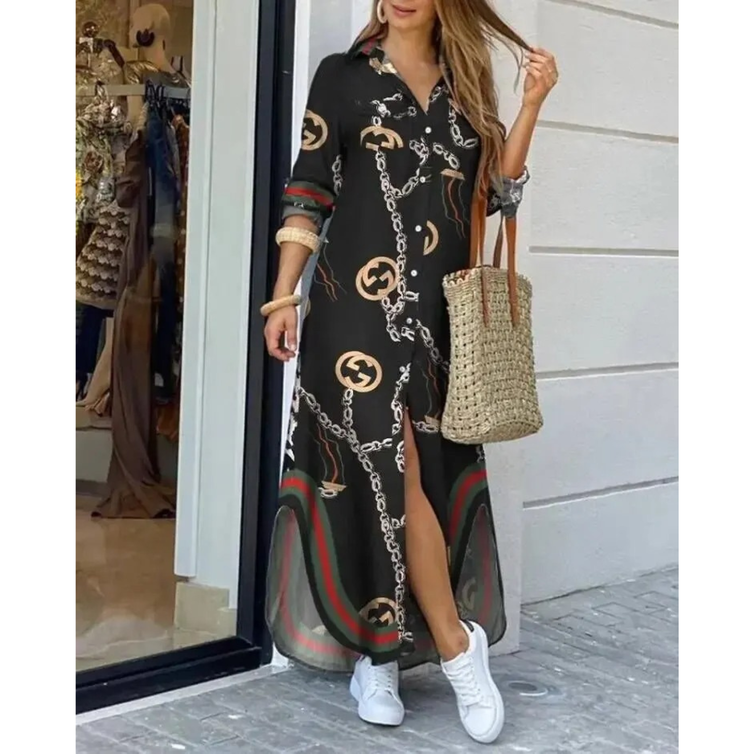 Kvinnors Lång Blusklänning Monokrom Tryck Polyester 5