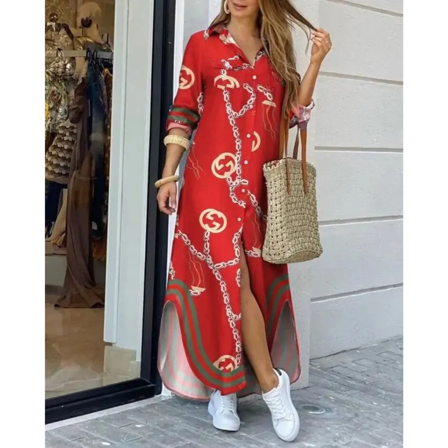 Kvinnors Lång Blusklänning Monokrom Tryck Polyester 6