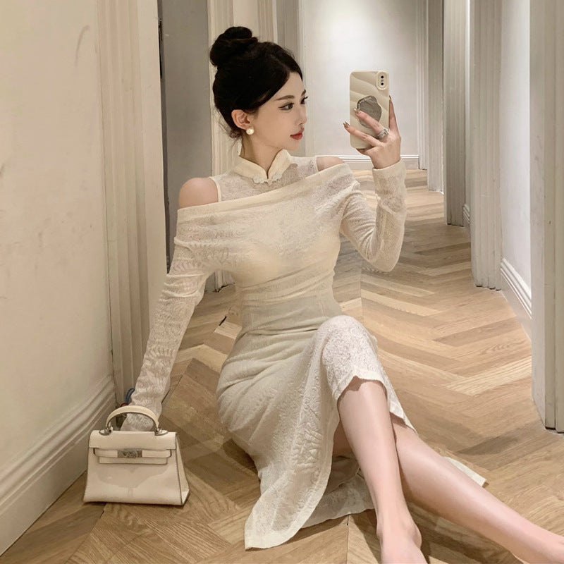 Kvinnors Off-Shoulder Bodycon Klänning Spets 3