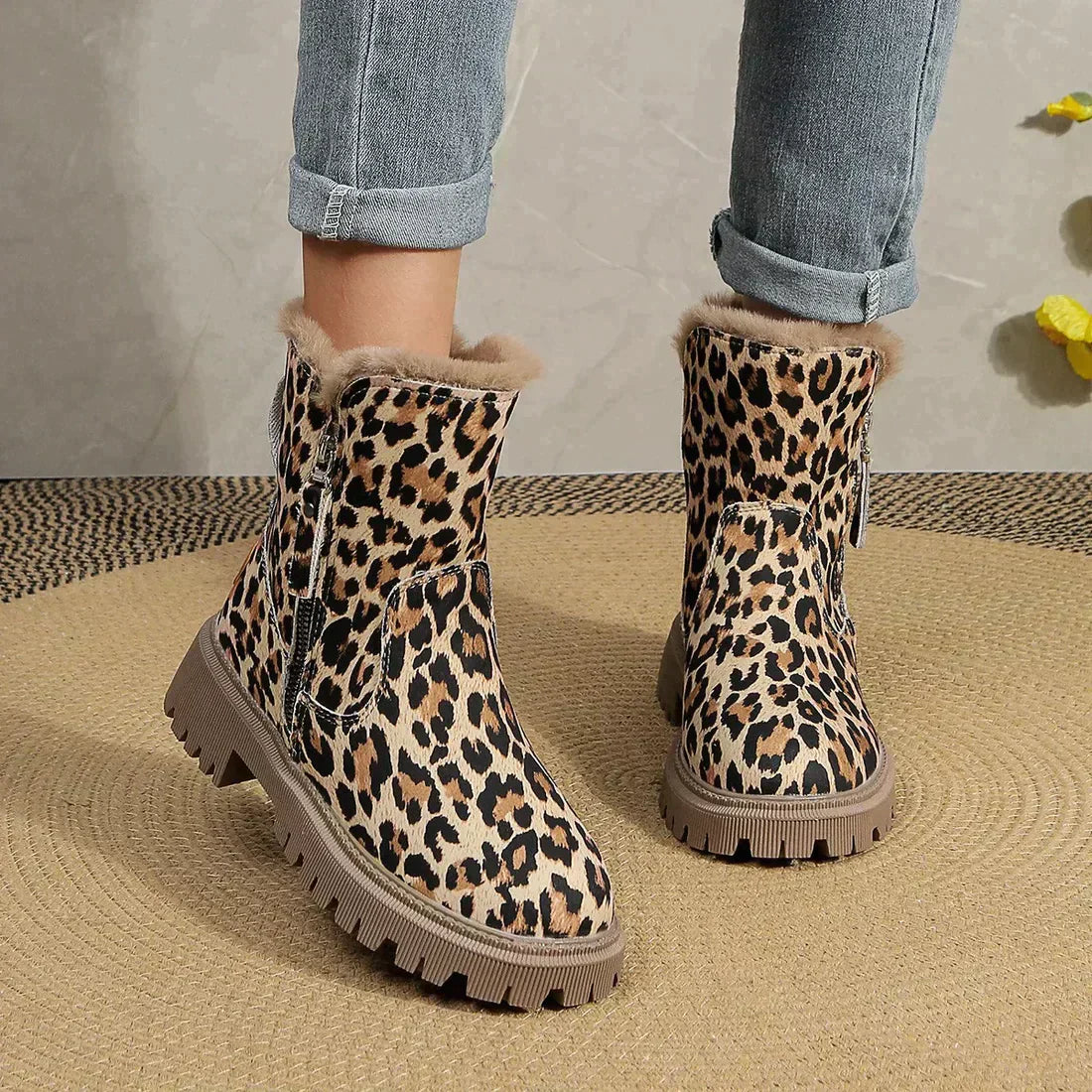 Kvinnors Leopardstövlar Chic Läder och Tyg-1