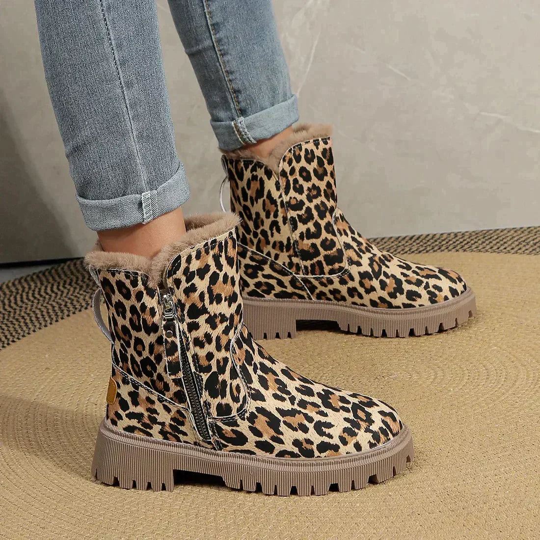 Kvinnors Leopardstövlar Chic Läder och Tyg-2