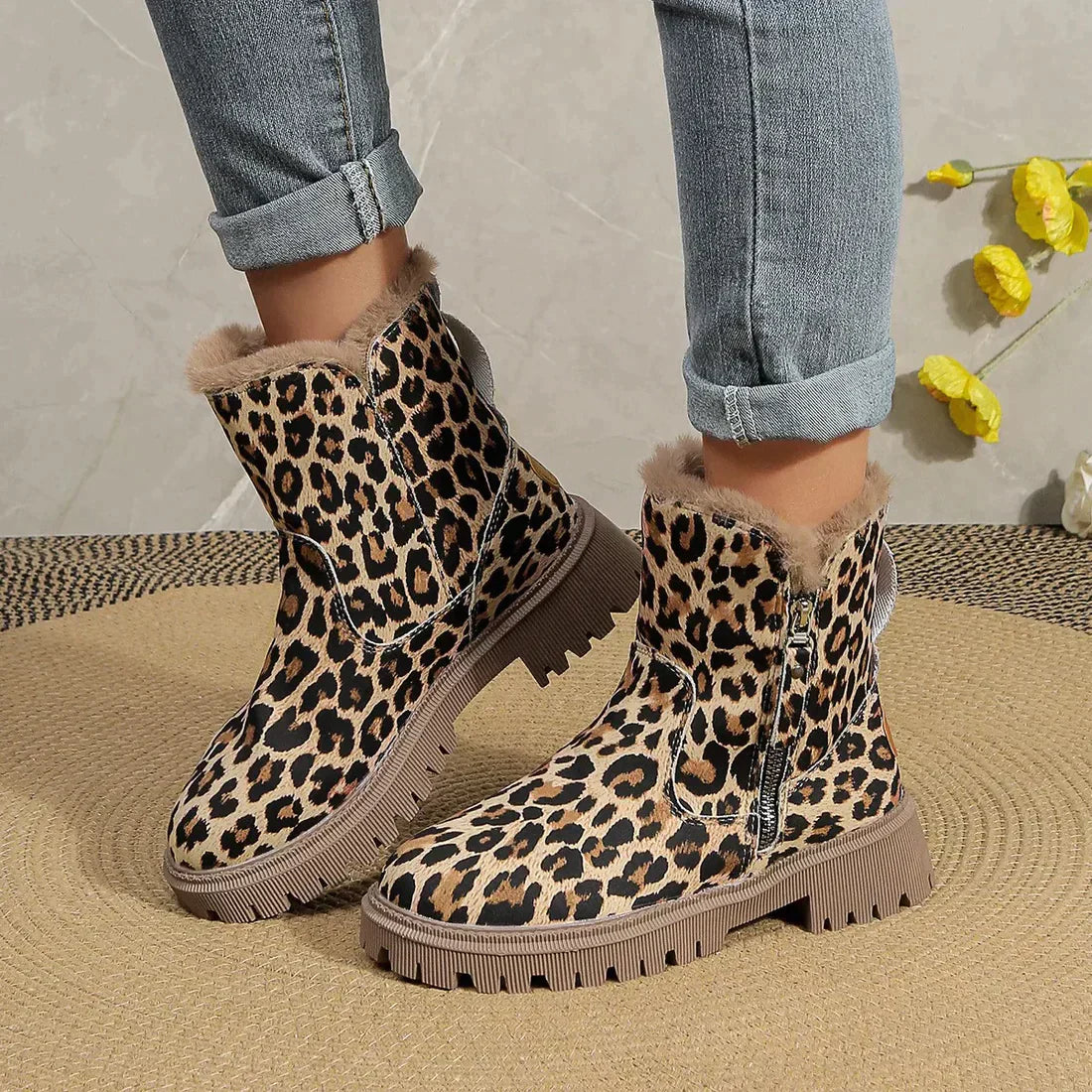 Kvinnors Leopardstövlar Chic Läder och Tyg-4