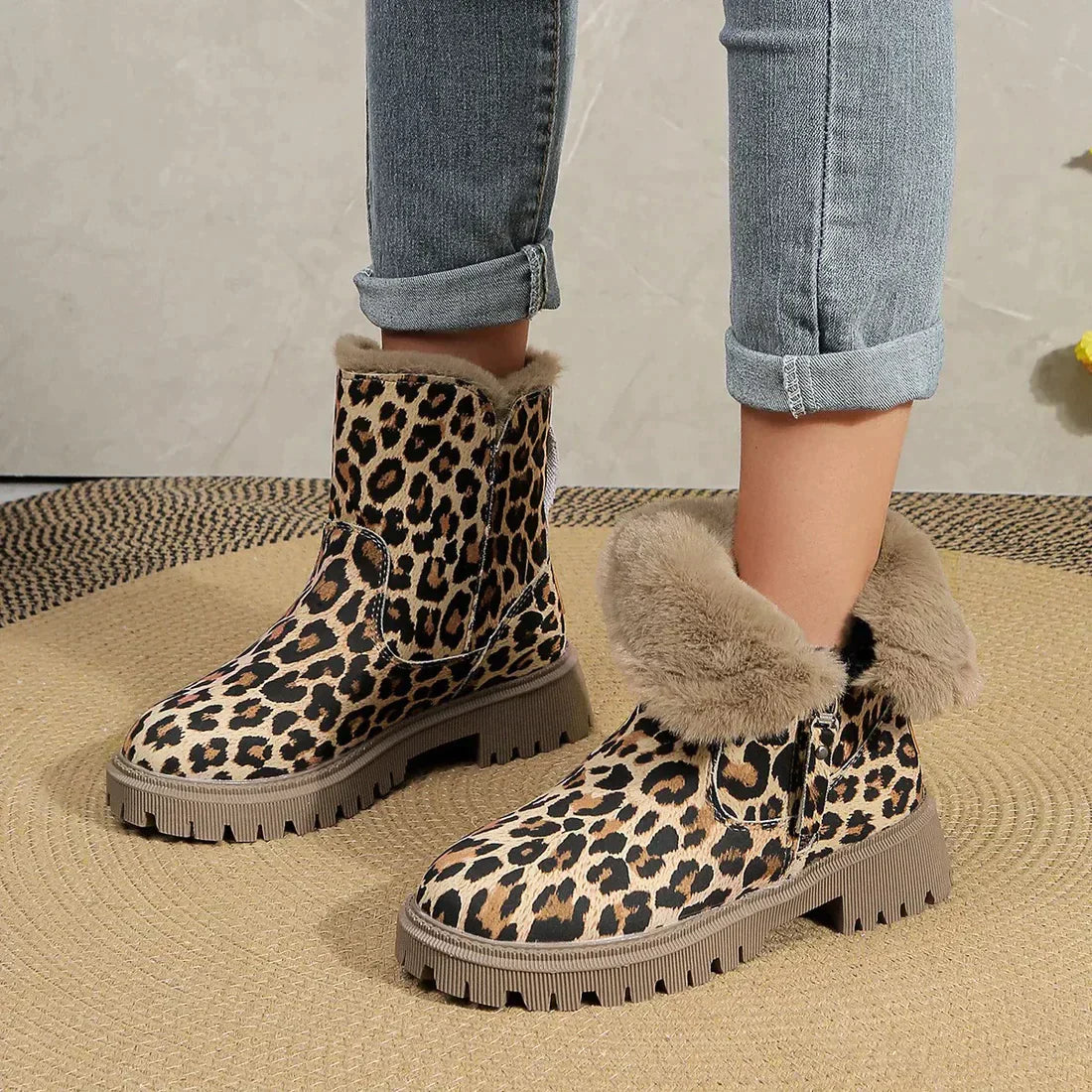 Kvinnors Leopardstövlar Chic Läder och Tyg-3