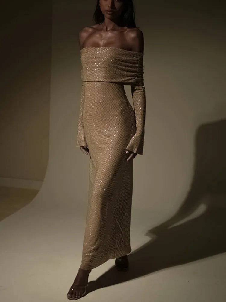 Lång Klänning Dam Glittrande Polyester Maxiklänning Ankellängd 3