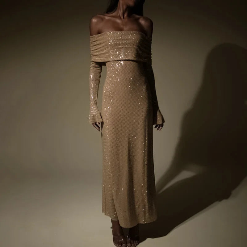 Lång Klänning Dam Glittrande Polyester Maxiklänning Ankellängd 4