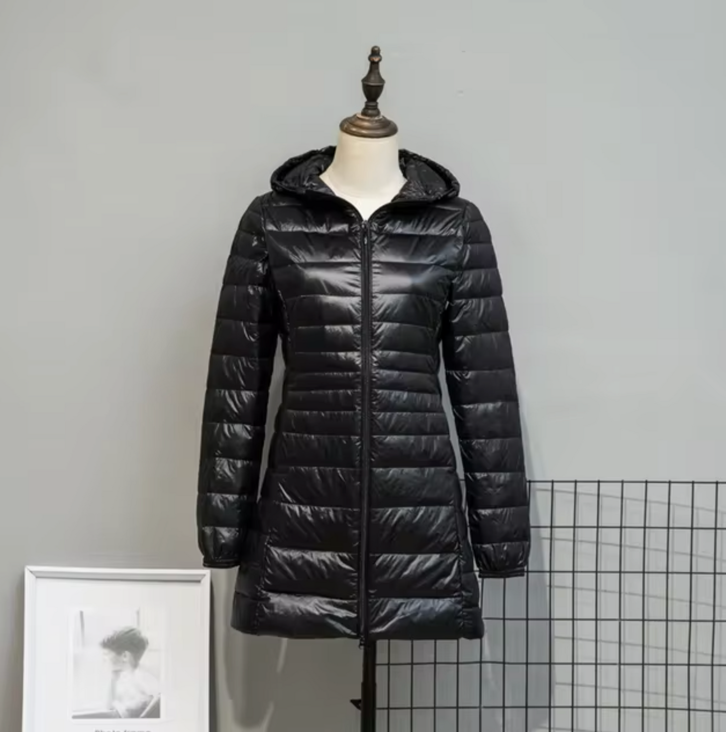 Lång Pufferjacka Dam Med Huva Polyester Vattentålig 1
