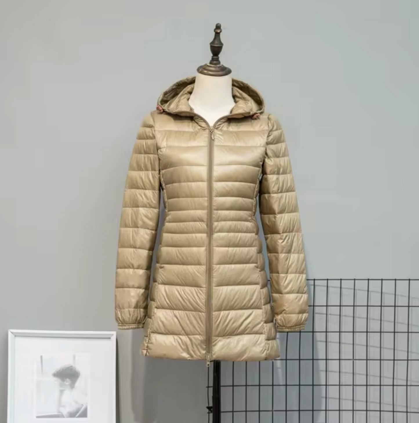 Lång Pufferjacka Dam Med Huva Polyester Vattentålig 2