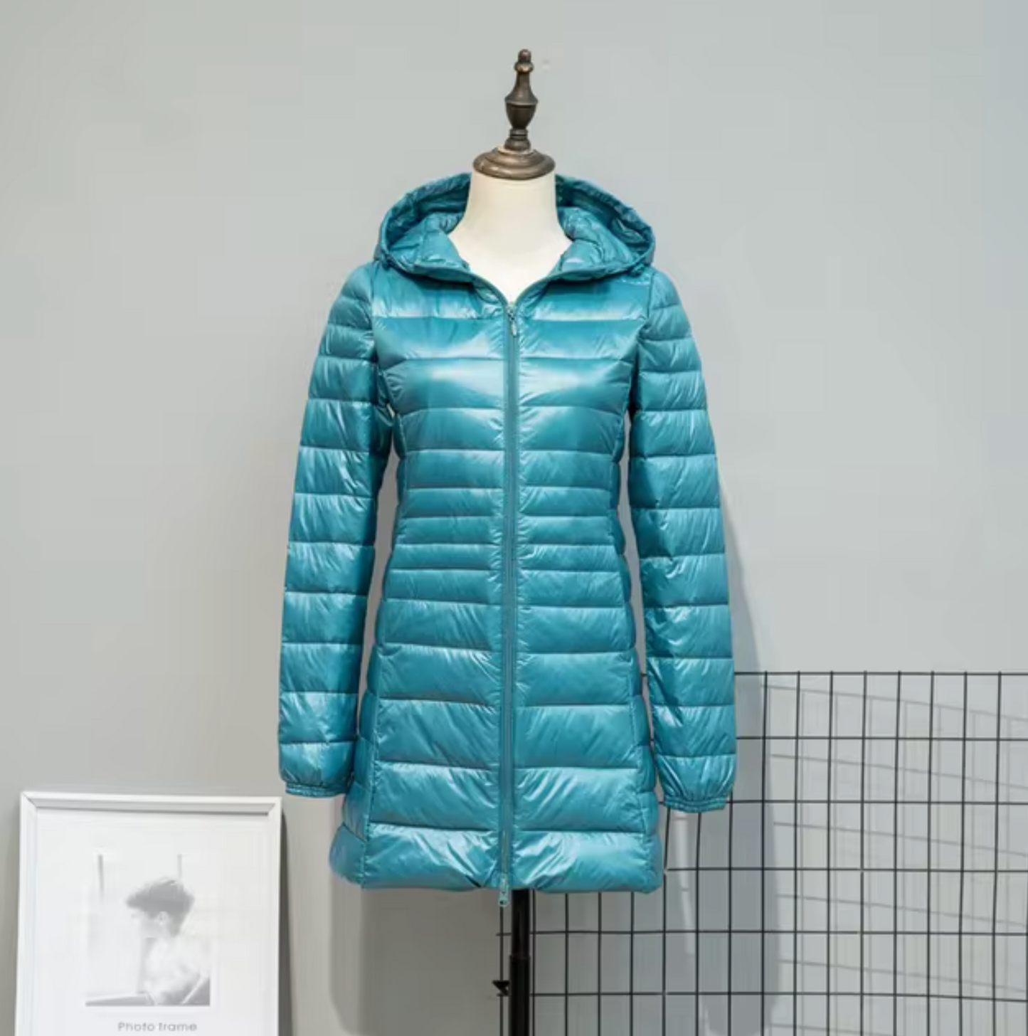 Lång Pufferjacka Dam Med Huva Polyester Vattentålig 3