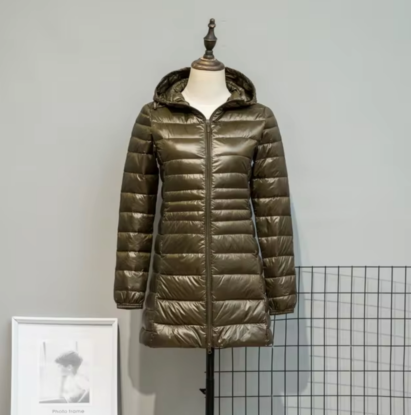 Lång Pufferjacka Dam Med Huva Polyester Vattentålig 4