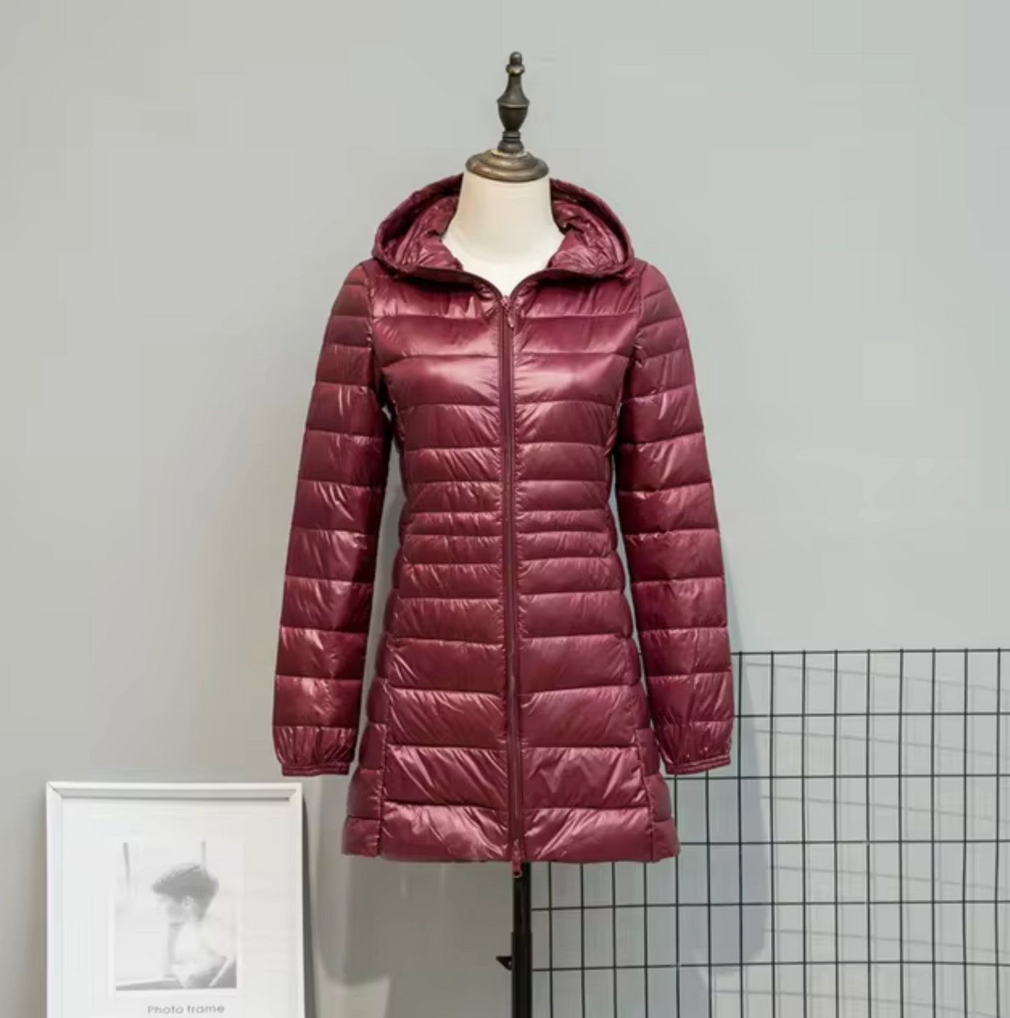 Lång Pufferjacka Dam Med Huva Polyester Vattentålig 7