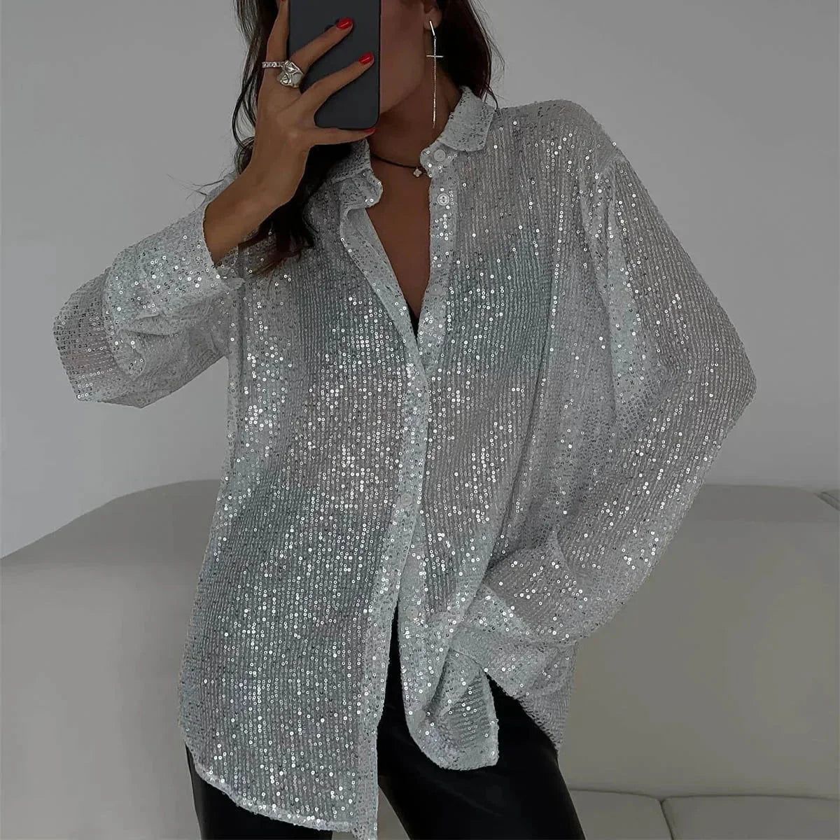Kvinnors Långärmad Glittrig Topp med Paljetter för Fest-4