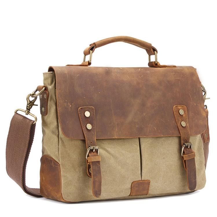 Unisex Axelväska Vintage Bomull Canvas och Läder med Justerbar Axelrem-3