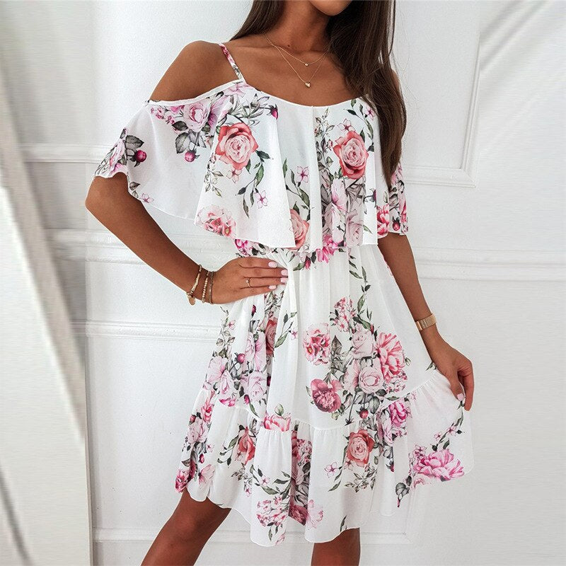 Kvinna Miniklänning Ruffle Blommig Polyester-5