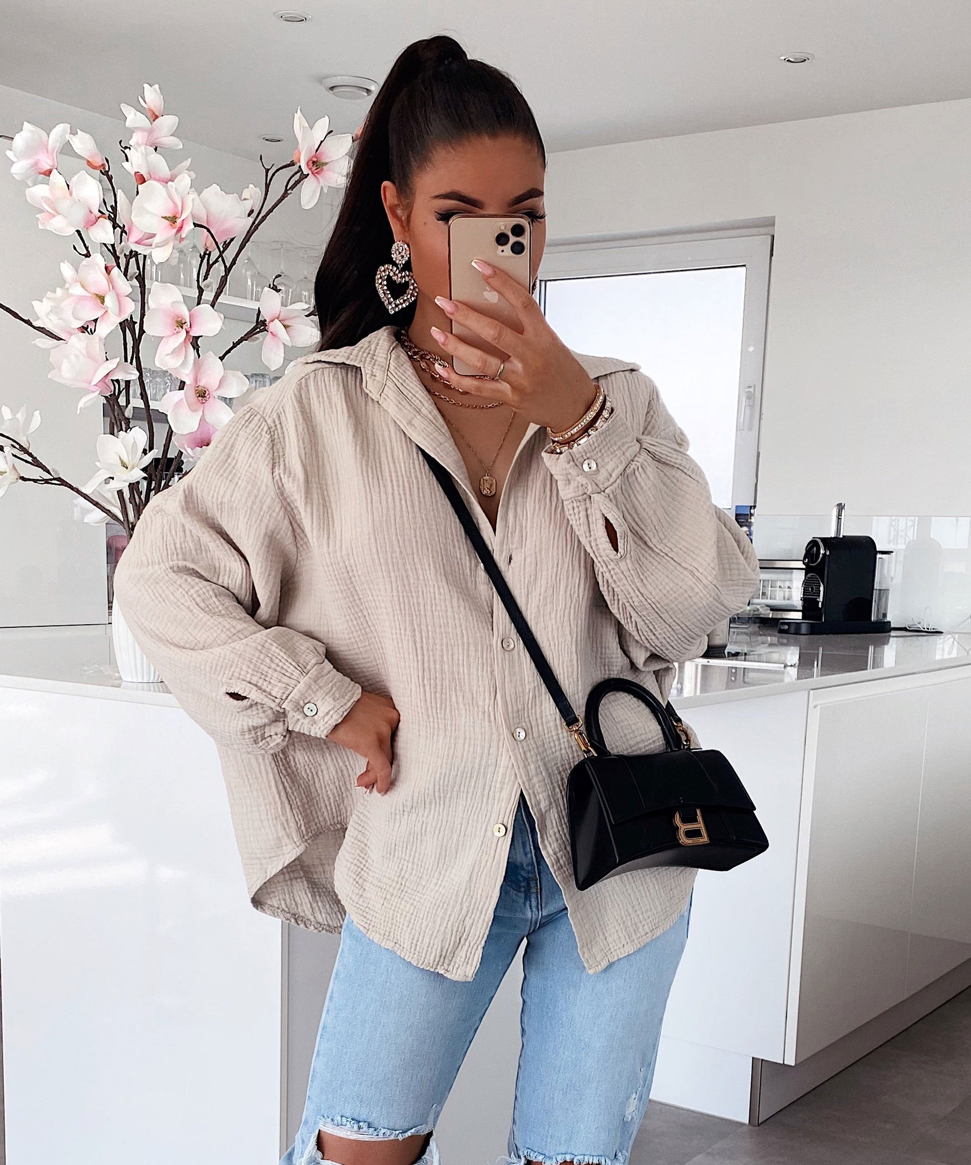 Dam Lång Skjorta Överdimensionerad Bomull-2