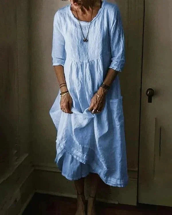 Variant image for Damklänning Löst Passande Halvlånga Ärmar Bomullslinn-9