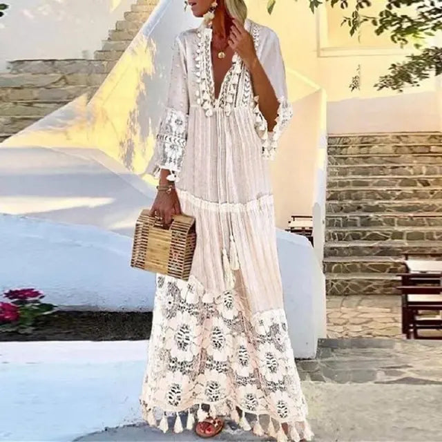 Variant image for Kvinna Lång Klänning Boho Stil med Spets och Tofsar Luftiga Tyger-14